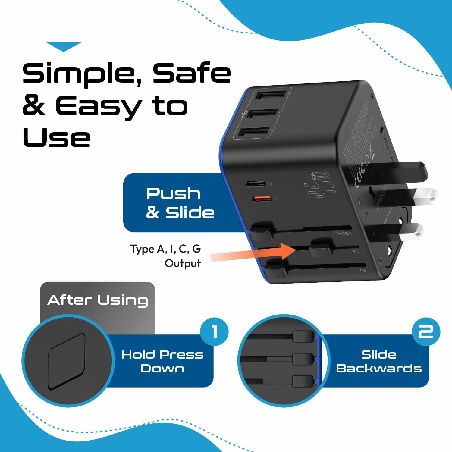 Universal Travel Adapter, 45W International Power Adapter with PD & QC 3.0 Dual USB-C, 3 USB Travel Adapter Worldwide, Type I C G a Outlets 110V 220V A/C - EU Euro US UK (11-KU)